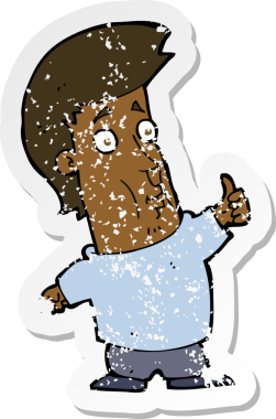 Bir insan tarafından çizilmiş işaret veren bir çizgi film karakterinin gerilimli retro çıkartması.