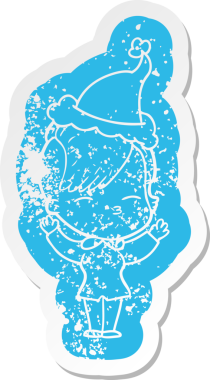 Bir insan tarafından çizilmiş noel baba şapkası giyen şaşı bir kızın garip karikatürü.