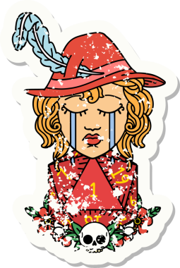 Ağlayan bir insan ozanın grunge etiketi. Doğal bir D20 zarla bir insan tarafından çizilmiş.