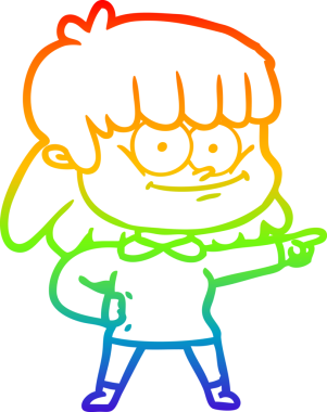 Gökkuşağı gradyan çizimi bir insan tarafından çizilmiş gülümseyen bir çizgi kız çizimi