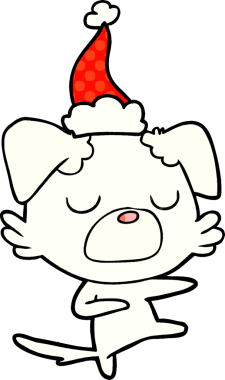 Bir insan tarafından çizilmiş Noel Baba şapkası takan bir köpeğin el çizimi çizgi roman tasviri.