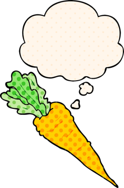 Çizgi roman tarzında bir insan tarafından çizilmiş düşünce balonlu havuç.