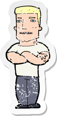 Bir insan tarafından katlanmış kolları olan sert bir karikatürün gerilimli çıkartması.