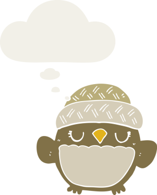 Şapkalı şirin bir baykuş. Düşünce baloncuğu insan tarafından çizilmiş.