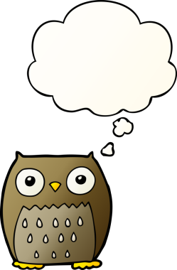 bir insan tarafından çizilmiş yumuşak eğimli düşünce baloncuğu olan çizgi film baykuşu