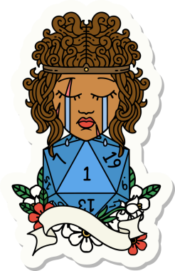 Bir insan tarafından çizilmiş doğal bir d20 rulo ile ağlayan bir insan barbarının çıkartması.