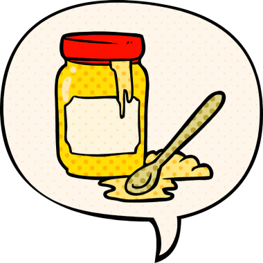 Bir insan tarafından çizilmiş çizgi roman tarzında konuşma balonlu bal kavanozu.