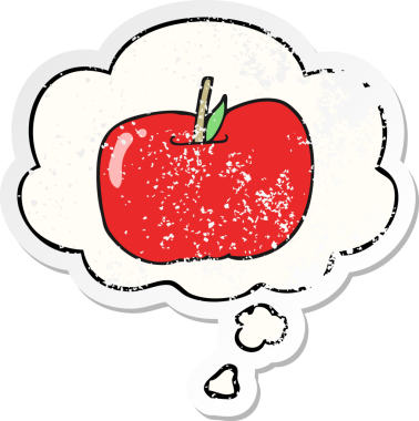 Düşünce baloncuklu çizgi film elması bir insan tarafından çizilmiş yıpranmış bir çıkartma gibi.