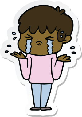 Bir insan tarafından çizilmiş ağlayan ve omuz silken bir çizgi film çocuğunun çıkartması.