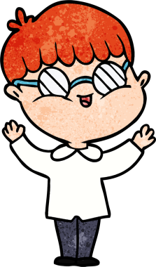 Bir insan tarafından çizilmiş gözlük takan çizgi film çocuğu.