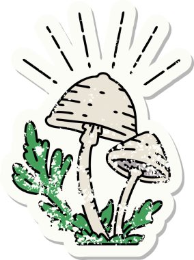 Bir insan tarafından çizilmiş eski bir dövme stili mantar çıkartması.