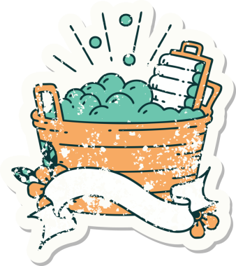 Dövme stili eski bir çıkartma eski bir çamaşır tahtası ve bir insan tarafından çizilmiş fırçalama kabı.