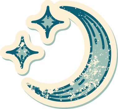 Bir insan tarafından çizilmiş bir ay ve yıldızın sembolik destansı dövmesi.