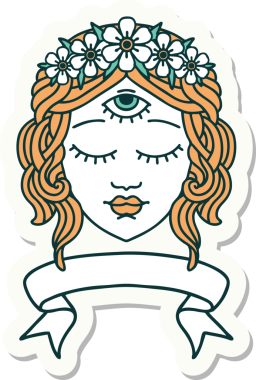 Dövme stili çıkartma, kadın yüzü pankartı, üçüncü göz ve bir insan tarafından çizilmiş çiçek taçı.