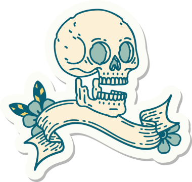 Bir insan tarafından çizilmiş kafatasının pankartıyla dövme stili etiketi