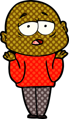 Bir insan tarafından çizilmiş yorgun, kel bir adam.