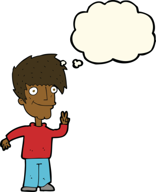 Bir insan tarafından çizilmiş düşünce baloncuğuyla barış işareti yapan çizgi film adamı.