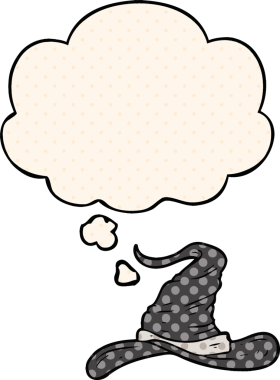 Çizgi roman tarzında bir insan tarafından çizilmiş düşünce baloncuklu çizgi film büyücüleri şapkası.