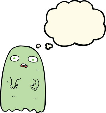 Bir insan tarafından çizilmiş düşünce baloncuklu komik çizgi film hayaleti.