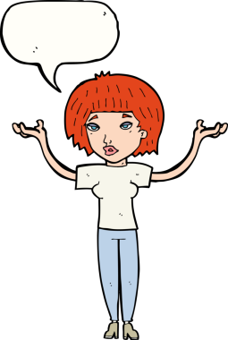 Bir insan tarafından çizilmiş konuşma baloncuğuyla omuz silken çizgi film kadını.