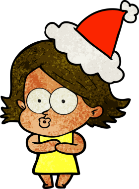 Bir insanın çizdiği Noel Baba şapkasıyla somurtan bir kızın el çizimi karikatürü.