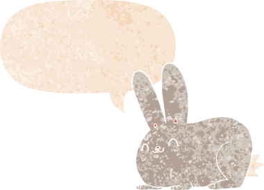 Konuşma baloncuğu olan çizgi film tavşanı bir insan tarafından çizilmiş dertli retro tarzı