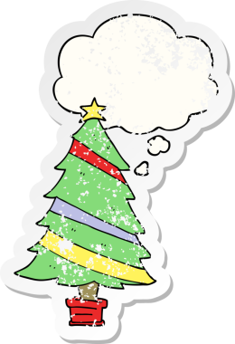 Düşünce baloncuğu olan karikatür Noel ağacı bir insan tarafından çizilmiş yıpranmış bir çıkartma.