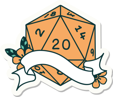 Bir insan tarafından çizilmiş 20 D20 zarının çıkartması.