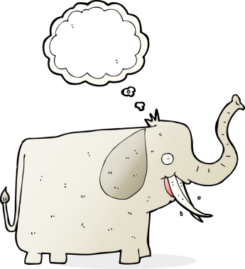 Bir insan tarafından çizilmiş düşünce balonlu mutlu bir fil.