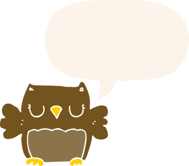 Bir insan tarafından çizilmiş konuşma baloncuğu olan sevimli çizgi film baykuşu.