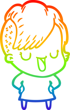 Gökkuşağı gradyan çizimi. Hipster saç kesimi bir insan tarafından çizilmiş şirin bir çizgi film kızı.