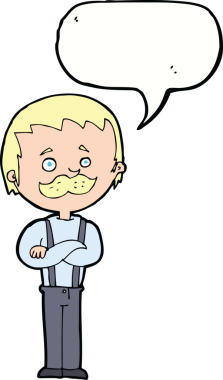 Bir insan tarafından çizilmiş konuşma balonlu bıyıklı bir çizgi film adamı.