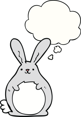 Bir insan tarafından çizilmiş düşünce kabarcığı olan çizgi film tavşanı.
