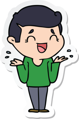 Bir insan tarafından çizilmiş, kafası karışmış, gülen bir karikatür çıkartması.