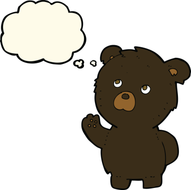 Bir insan tarafından çizilmiş düşünce balonlu siyah ayı sallayan çizgi film.