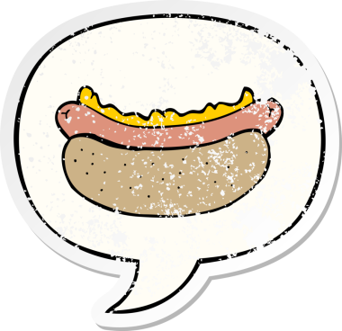 Konuşma balonlu çizgi film sosislisi bir insan tarafından çizilmiş sıkıntılı eski bir çıkartma