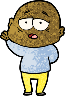 Bir insan tarafından çizilmiş yorgun, kel bir adam.