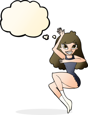 Bir insan tarafından çizilmiş düşünce balonlu iç çamaşırlı bir kadın.