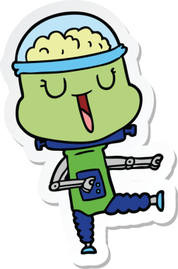 Bir insan tarafından çizilmiş mutlu çizgi film robotunun çıkartması.