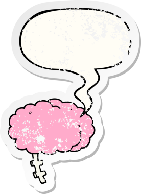 Konuşma baloncuğu olan çizgi film beyni bir insan tarafından çizilmiş sıkıntılı eski bir çıkartma.