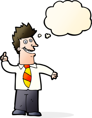 Bir insan tarafından çizilmiş düşünce baloncuğu ile iyi bir fikri olan çizgi film adamı.