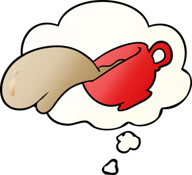 Düşünce baloncuklu çizgi film kahve fincanı bir insan tarafından çizilmiş.