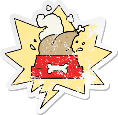 Mutlu bir Noel kutlaması için bir köpek kasesine tıkıştırılmış bütün hindiyi bir insan tarafından çizilmiş sıkıntılı eski bir çıkartma ile konuşma baloncuğu ile doldurdum.