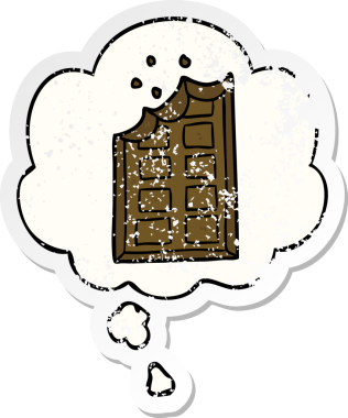 Düşünce baloncuklu çizgi film çikolatası insan tarafından çizilmiş yıpranmış bir çıkartma.