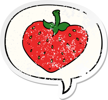 Konuşma balonlu karikatür çileği bir insan tarafından çizilmiş sıkıntılı eski bir çıkartma