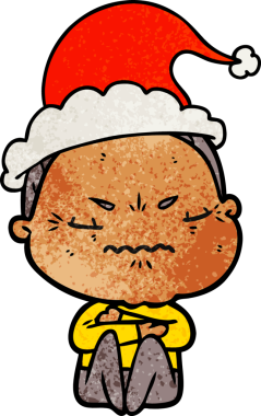Bir insan tarafından çizilmiş Noel Baba şapkası giyen sinirli yaşlı bir kadının el çizimi karikatürü.