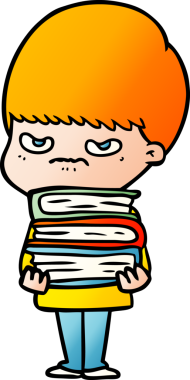 Bir insan tarafından çizilmiş kitapları olan kızgın çizgi film çocuğu.