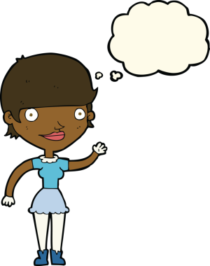 Bir insan tarafından çizilmiş düşünce baloncuğu fikri olan karikatür kadın.