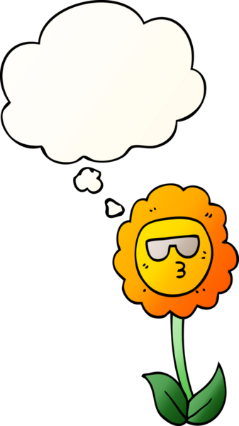 Düşünce baloncuğu olan karikatür çiçeği bir insan tarafından çizilmiş.