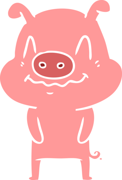 Bir insan tarafından çizilmiş düz renkli çizgi film domuzu.